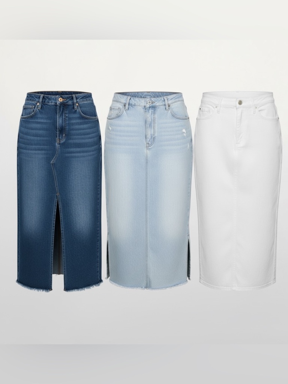 Express Women's Denim Maxi Skirts in Light Blue, Dark Blue, and White